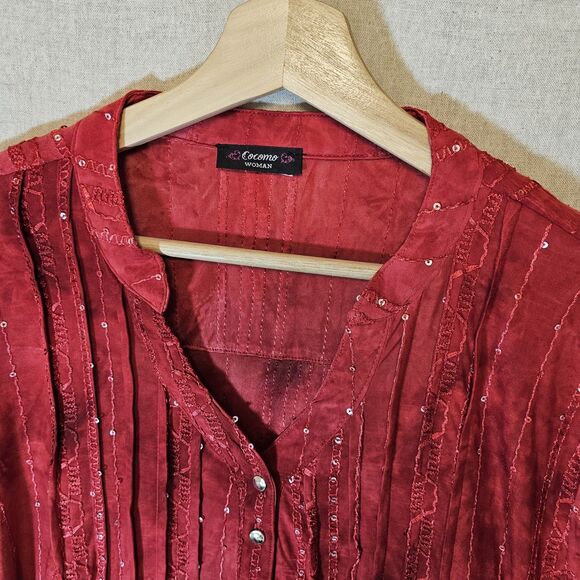 Cocomo Woman Tunic Top  2X Red Sequins Boho Jersey  3/4 Sleeve V Neck Blouse - Picture 2 of 10